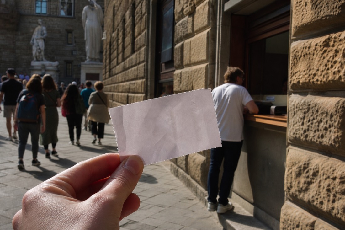 A paper ticket and a small pickup office window on Via Ricasoli near the Accademia in Florence, warm afternoon light