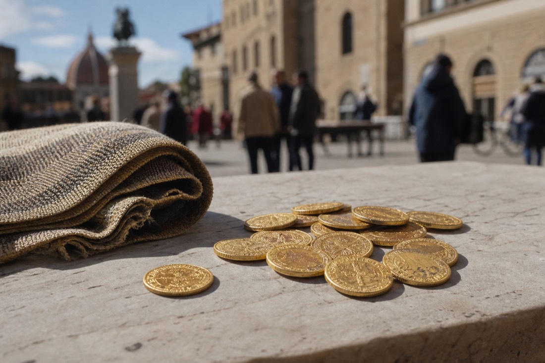 Stack of reproduction gold Renaissance coins on a marble surface beside a folded length of wool cloth, warm side light
