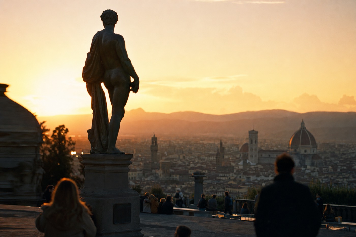 Visitors standing quietly around the base of a tall marble statue under a bright museum skylight in Florence