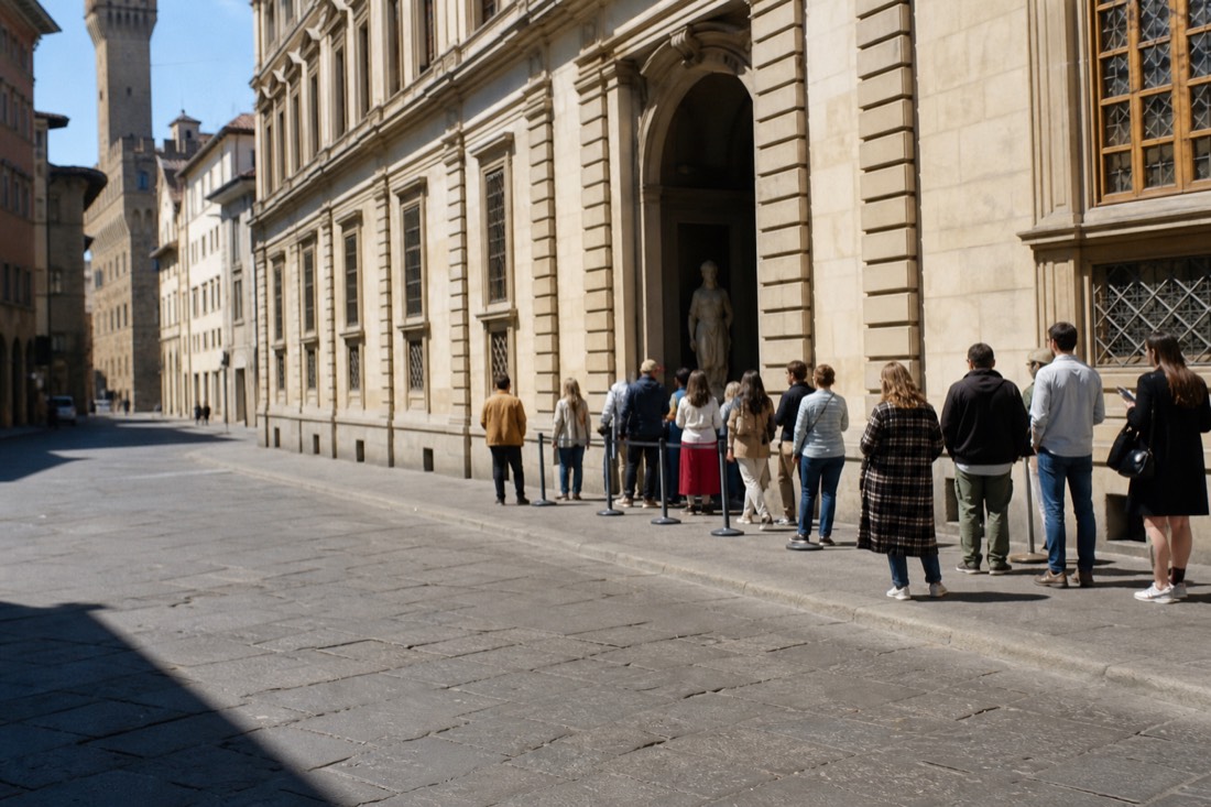 Empty Via Ricasoli in Florence at opening time with the pale facade of the Accademia and a short line beginning to form