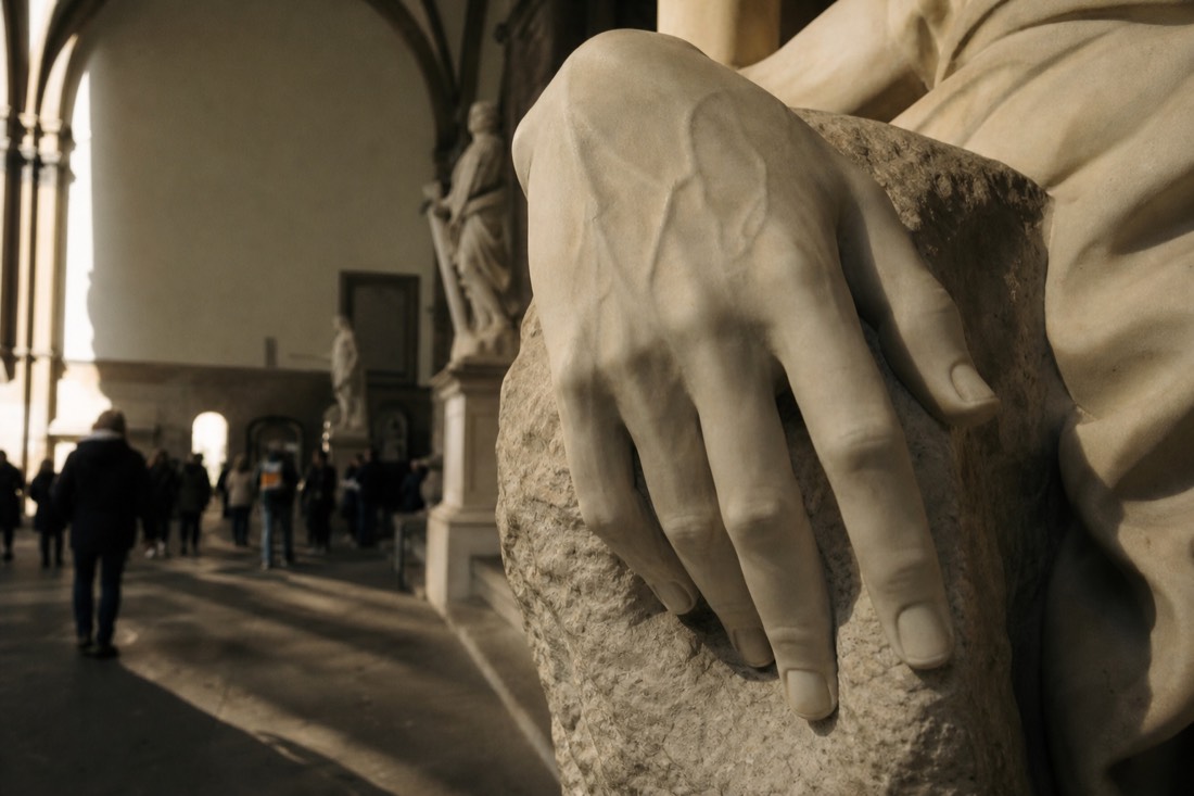 Close view upward at the oversized right hand of a marble statue with prominent carved veins, Accademia Gallery Florence