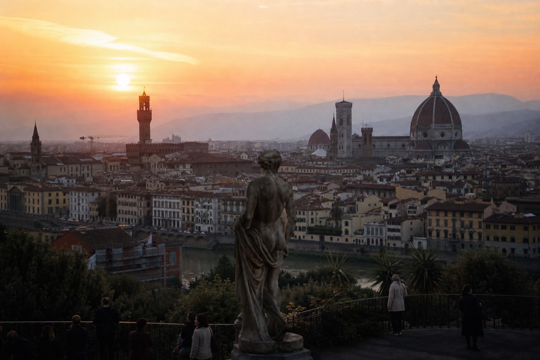 The dark bronze David silhouetted against the orange Florence skyline and the Duomo at sunset from Piazzale Michelangelo