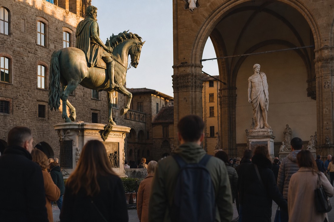 Bronze equestrian statue and stone arcades of the Loggia dei Lanzi beside the replica David in Piazza della Signoria at dusk