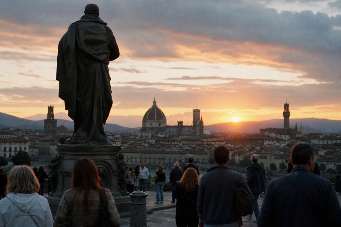 The dark bronze David silhouetted against an orange sunset sky over the Florence rooftops from Piazzale Michelangelo