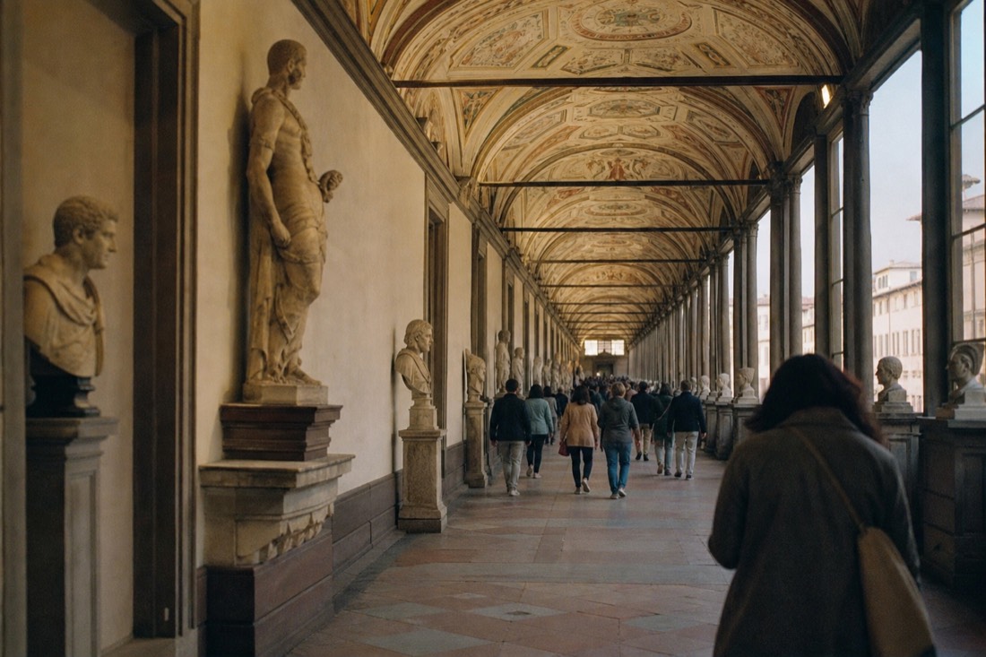 The long sculpture-lined corridor of the Uffizi Gallery in Florence with painted ceilings