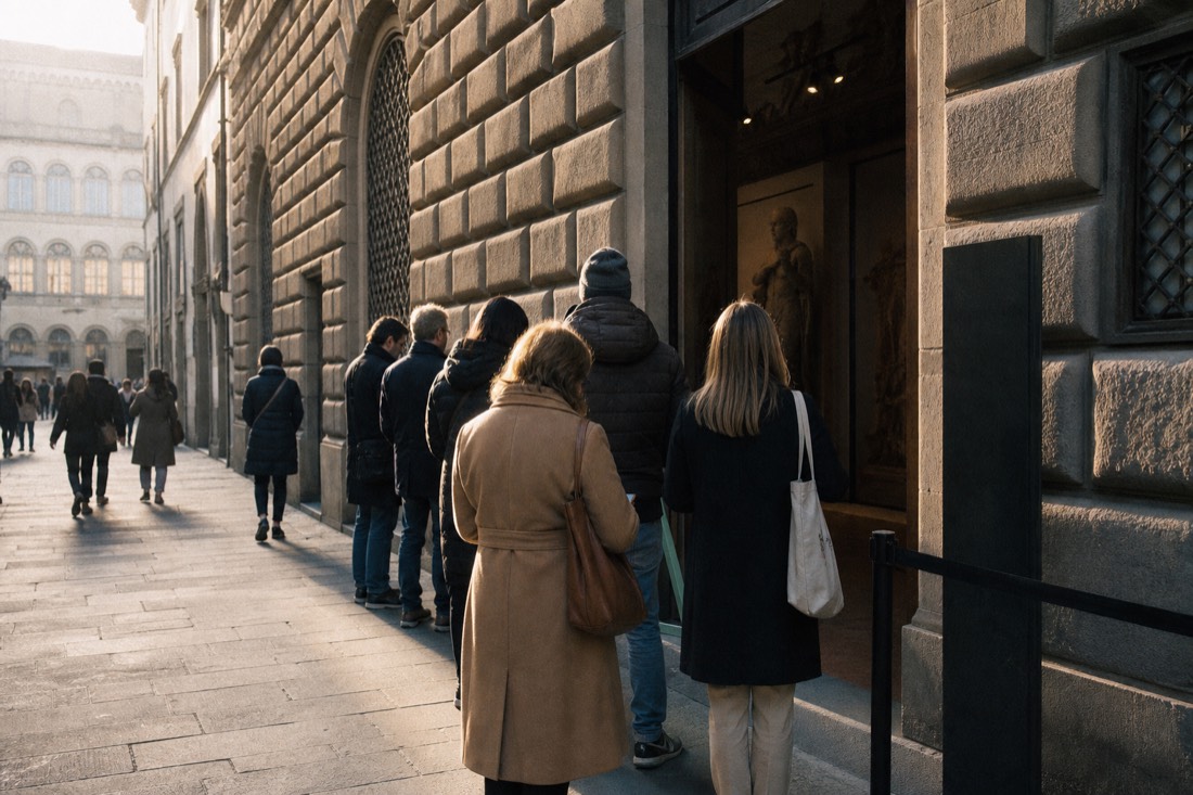 A quiet weekday morning on Via Ricasoli in Florence with a short line of visitors outside the Accademia Gallery entrance