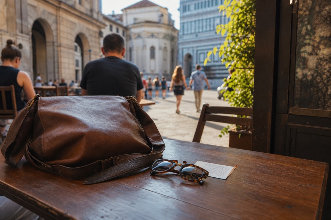A leather day bag, sunglasses and a paper ticket stub on a wooden cafe table in warm Florence morning light