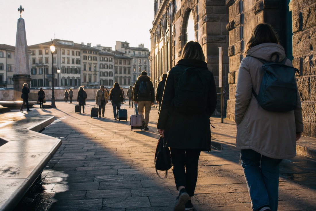 Travelers with day bags walking away from Santa Maria Novella station toward central Florence on a paved pedestrian street