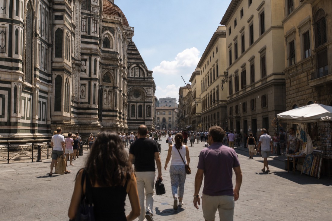 View up Via Ricasoli in Florence from beside the Duomo, a long straight street of shops leading toward the Accademia Gallery