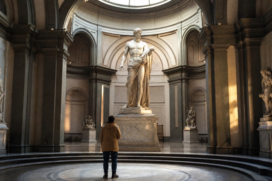 A visitor standing alone before the marble David under the skylit dome of the Accademia tribune in Florence