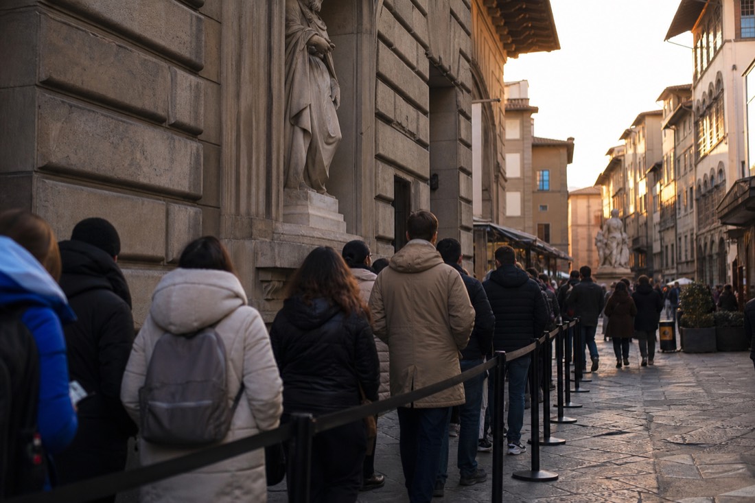 Queue barriers in early morning shade outside the stone entrance of the Accademia Gallery on Via Ricasoli in Florence