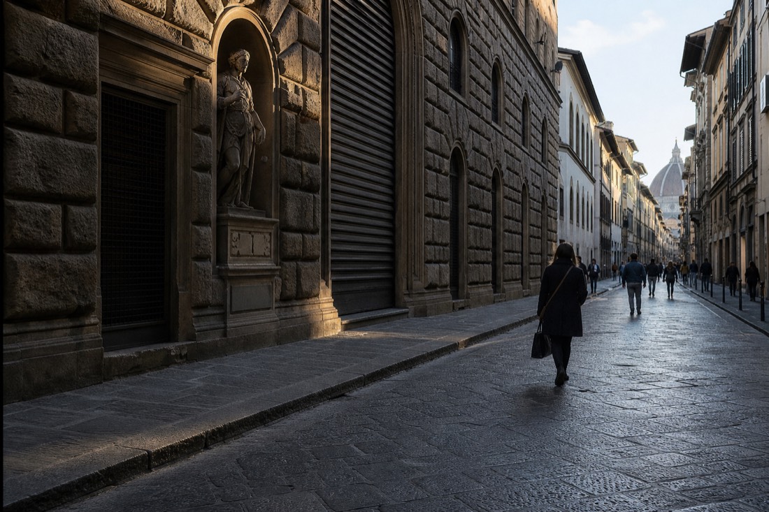 Late afternoon sun on the shuttered facade of the Accademia Gallery as Via Ricasoli empties in Florence