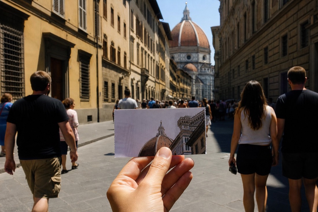 A hand holding a paper museum ticket on Via Ricasoli with the ochre facades of Florence receding toward the Duomo