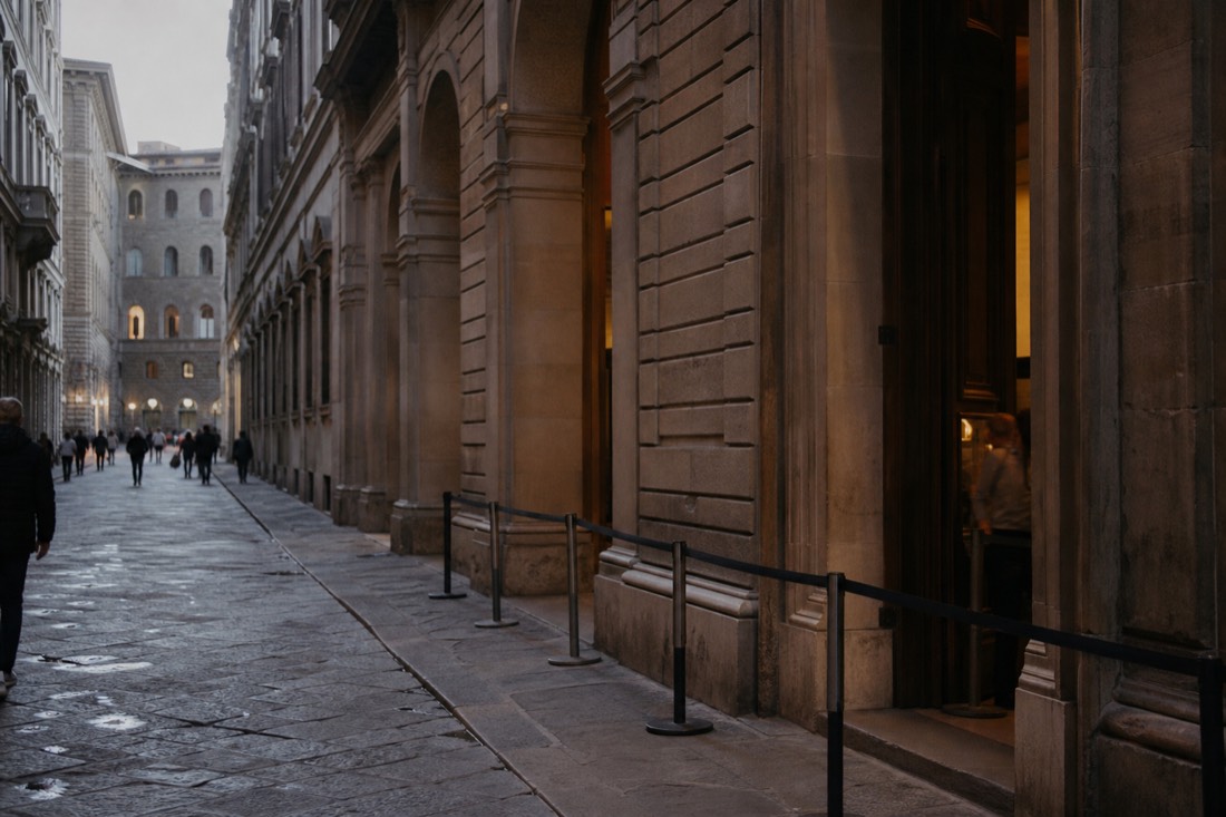 Early morning light falling across an empty stone street in Florence with a museum doorway and waiting queue barriers