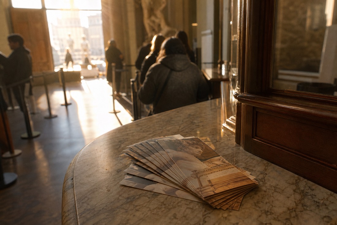 Printed admission tickets fanned out on a marble counter at the Accademia Gallery ticket office in Florence