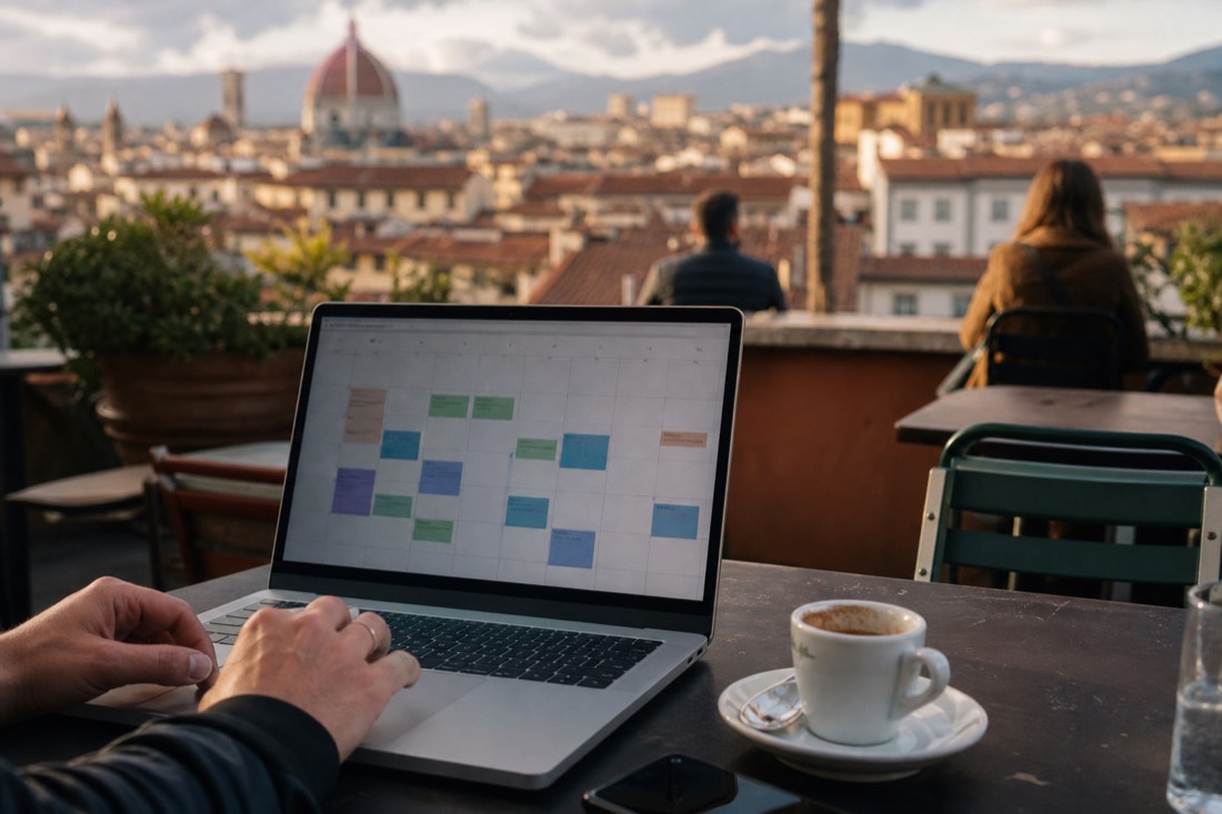 A laptop showing a booking calendar on a cafe table in Florence with an espresso cup and terracotta rooftops behind
