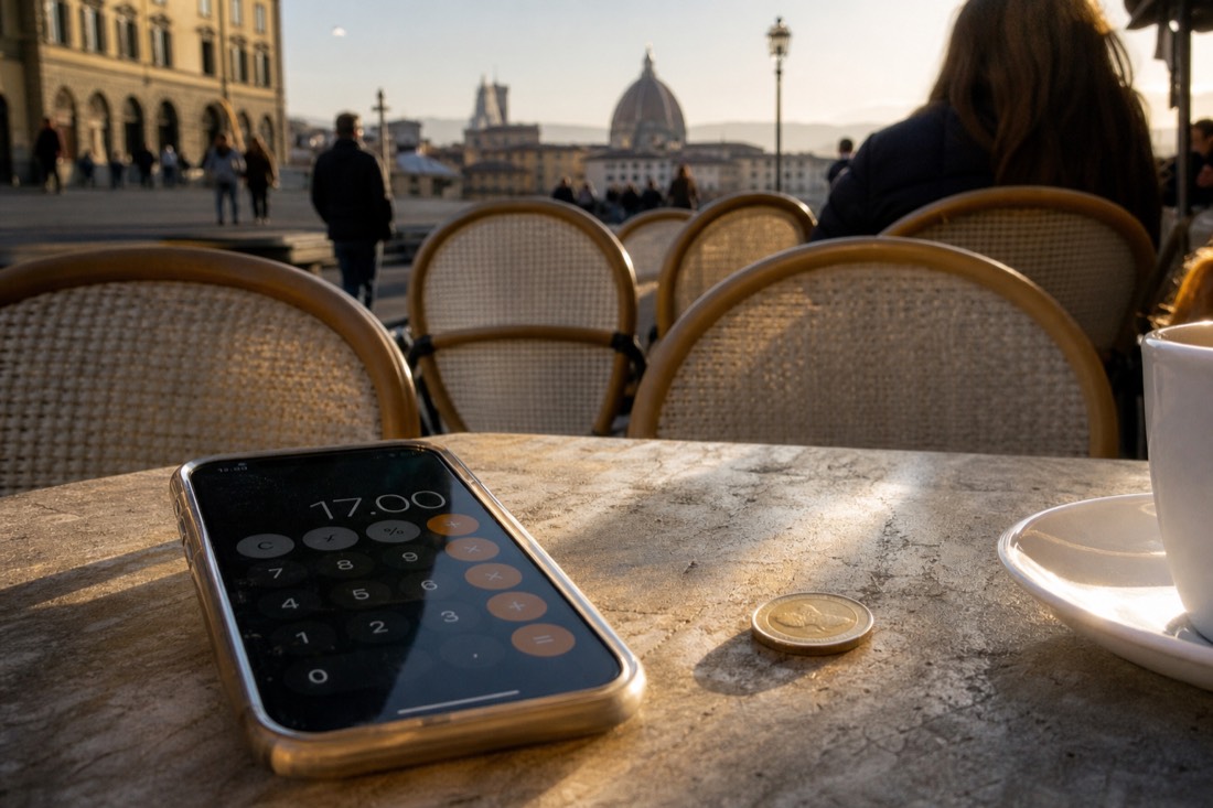 A phone showing a ticket price in dollars beside a euro coin on a Florence cafe table