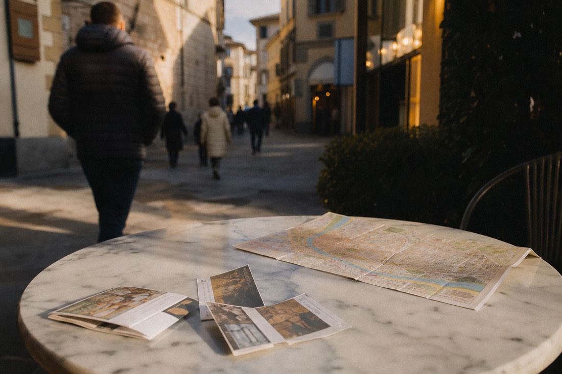 Close view of paper museum tickets and a folded Florence map resting on a marble cafe tabletop