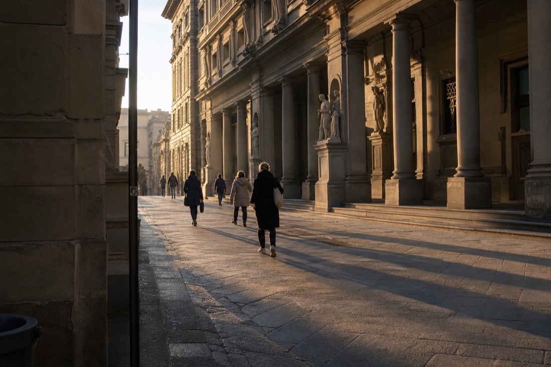Long morning shadows across the empty pavement of Via Ricasoli before the Accademia ticket office opens in Florence