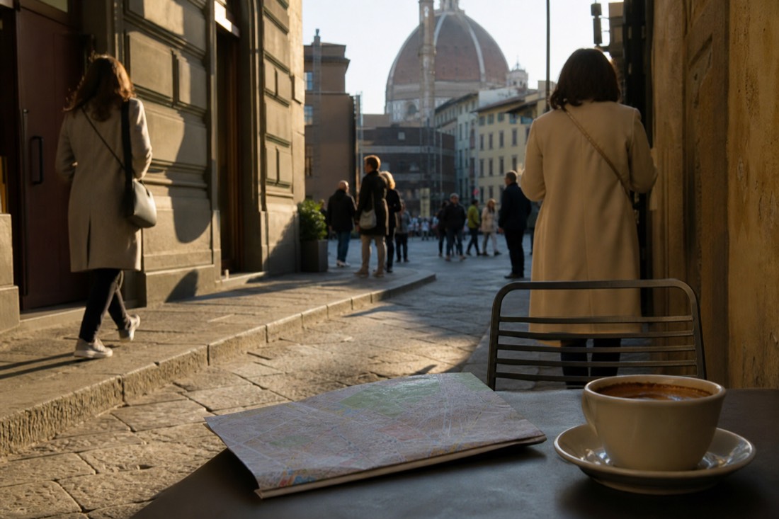 A cafe table with an espresso and a folded map on a Florence side street mid-morning, the Duomo dome visible in the background