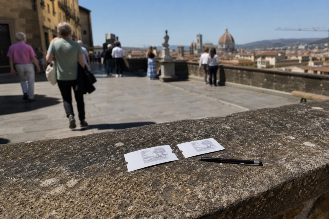 Two separate paper museum tickets laid side by side on a stone ledge in Florence with a pen, showing they are bought separately